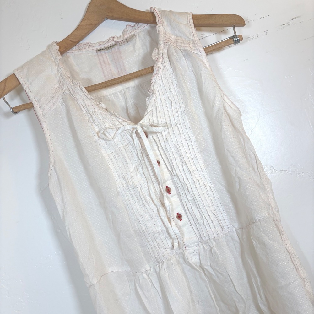 Holding Horses Anthropologie White Swiss Dot Pintuck Sleeveless US 6 Red Trim